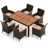 Outdoor furniture set featuring an acacia wood table and stackable chairs, ideal for patio dining and relaxation.