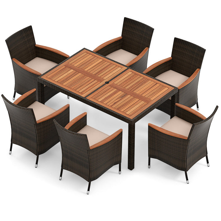 Outdoor furniture set featuring an acacia wood table and stackable chairs, ideal for patio dining and relaxation.