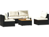 5-piece outdoor furniture set featuring soft off-white cushions and a solid wood tabletop, perfect for poolside.