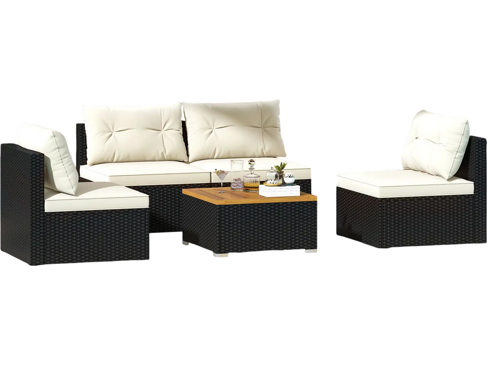 5-piece outdoor furniture set featuring soft off-white cushions and a solid wood tabletop, perfect for poolside.
