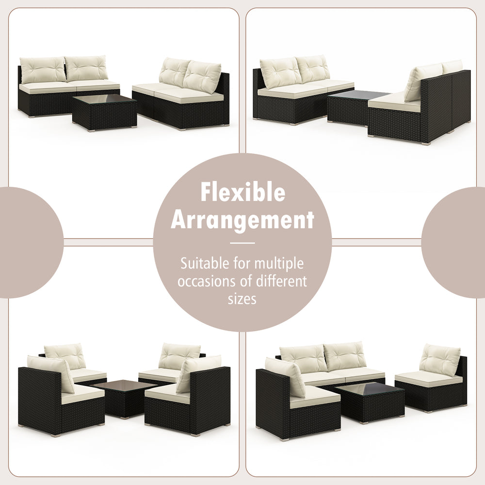 5-piece outdoor patio furniture set featuring black PE wicker, soft cushions, and a coffee table, ideal for versatile.