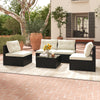 5-piece outdoor patio furniture set featuring black PE wicker, soft cushions, and a coffee table for garden relaxation.