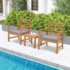 Outdoor furniture set featuring acacia wood chairs and a side table with gray cushions, perfect for poolside relaxation.