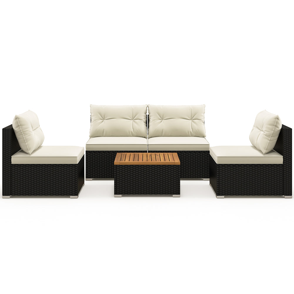 5-piece outdoor furniture set showcasing L-shaped seating with off-white cushions, perfect for poolside comfort and.