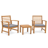 Two acacia wood chairs with gray cushions and a matching table, perfect for outdoor relaxation in your backyard.