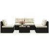 5-piece outdoor patio furniture set featuring black PE wicker, soft cushions, and a coffee table, ideal for garden.