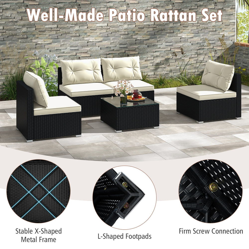 Side view of the 5-piece outdoor patio furniture set showcasing the stable X-shaped metal frame and adjustable footpads.