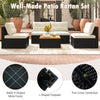 5-piece outdoor furniture set featuring premium PE rattan, soft off-white cushions, and a stable X-shaped metal frame.