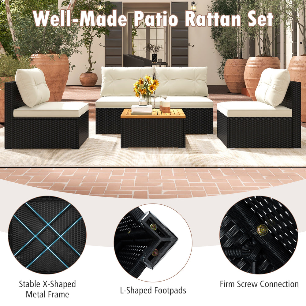 5-piece outdoor furniture set featuring premium PE rattan, soft off-white cushions, and a stable X-shaped metal frame.