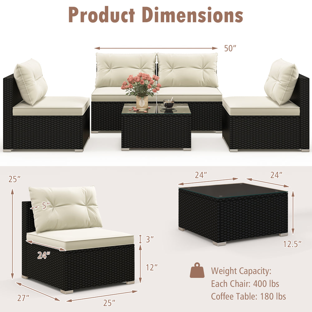 5-piece outdoor patio furniture set with soft cushions and coffee table, featuring durable black PE wicker for garden.