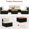 Product dimensions of the 5 piece outdoor furniture set with off-white cushions and solid tabletop, ideal for backyard.