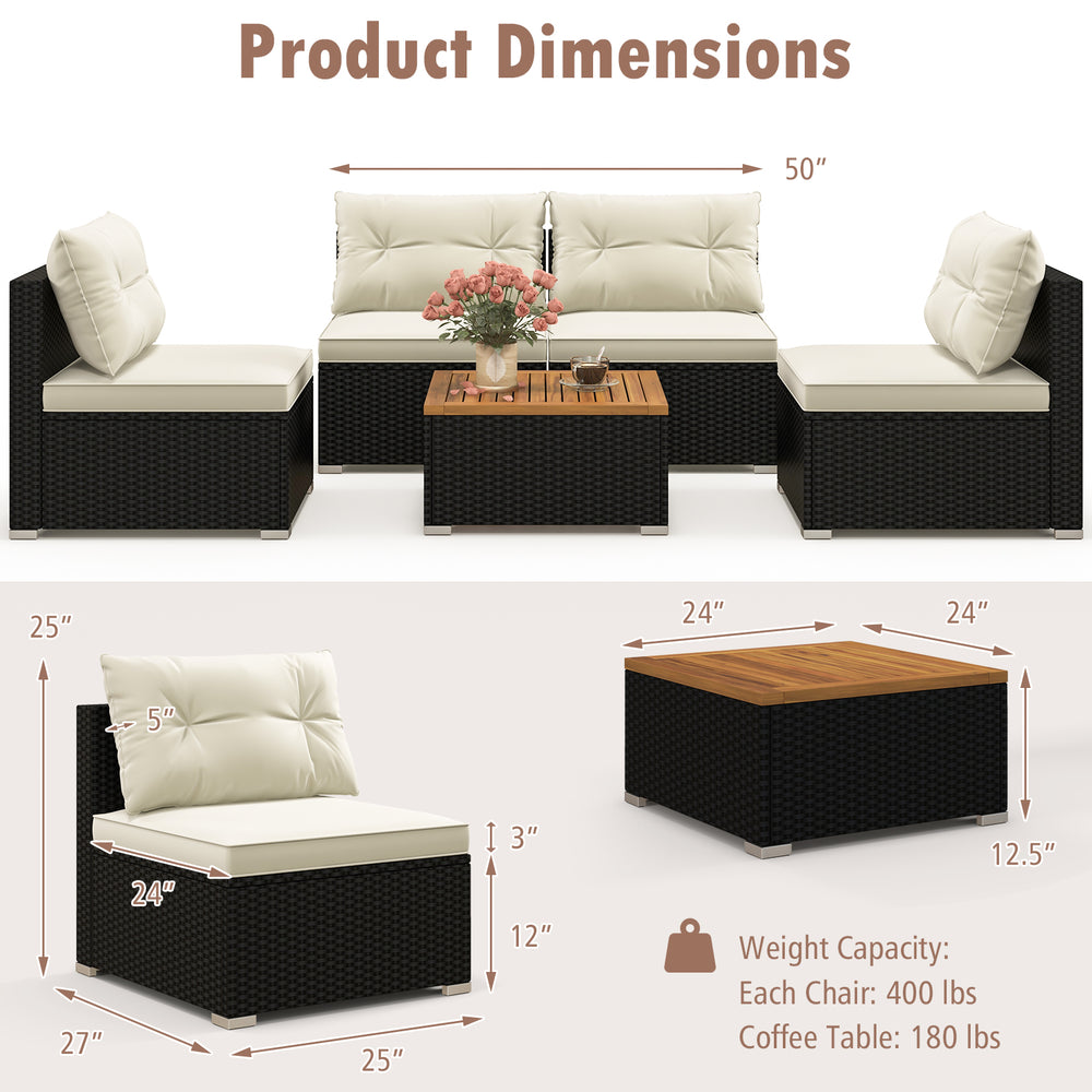 Product dimensions of the 5 piece outdoor furniture set with off-white cushions and solid tabletop, ideal for backyard.
