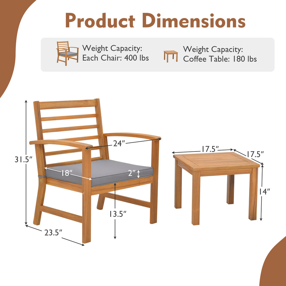 Dimensions of the 3-piece outdoor furniture set with acacia wood frame and gray soft seat cushions for backyard.
