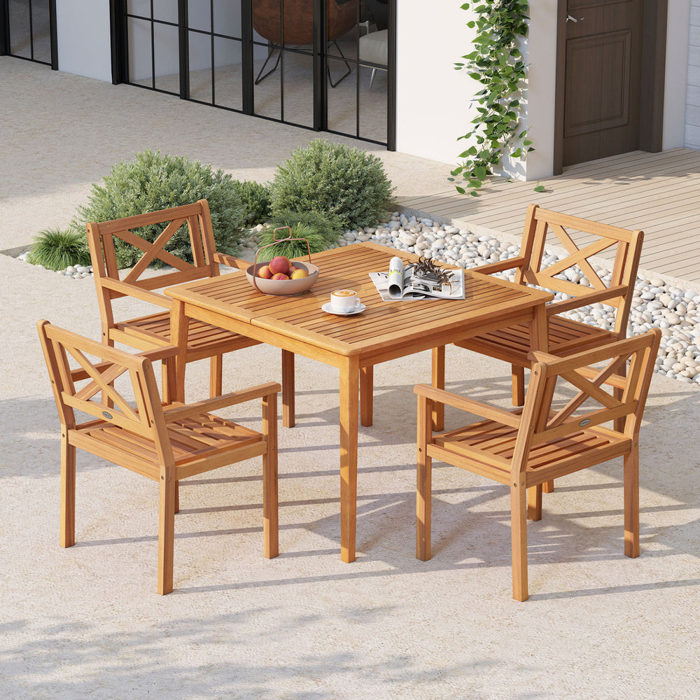 Acacia wood patio dining set featuring a square table and four ergonomic chairs, perfect for outdoor relaxation.