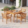 Acacia wood patio dining set featuring a square table and four ergonomic chairs, perfect for outdoor relaxation.