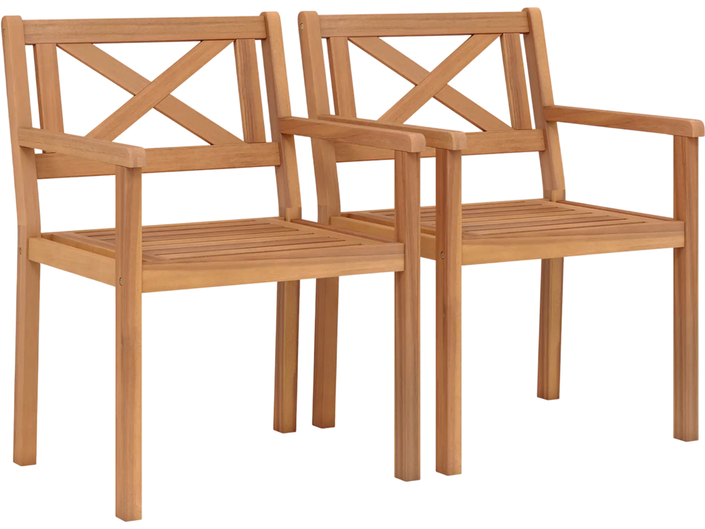 Set of 2 outdoor acacia wood patio dining chairs with ergonomic backrests, ideal for gardens and porches.