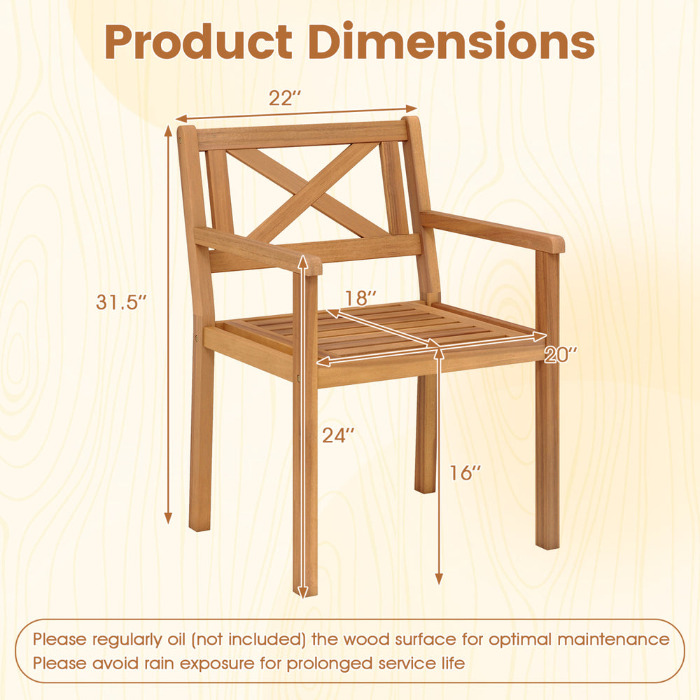 Acacia wood patio dining chair dimensions with ergonomic backrest and slatted design for outdoor comfort and airflow.