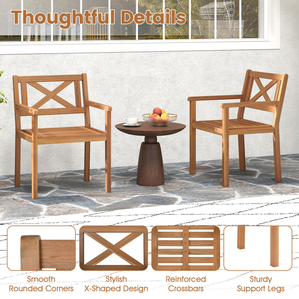 Acacia wood patio dining chairs with ergonomic backrest and smooth armrests, perfect for outdoor relaxation on porches.