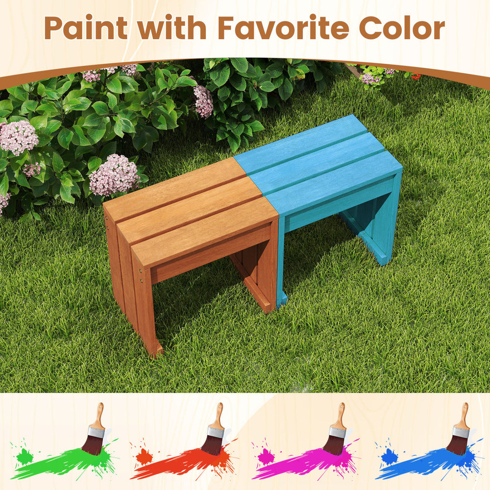 Backless outdoor garden bench with solid wooden frame, featuring a rustic design and compact size for versatile use.