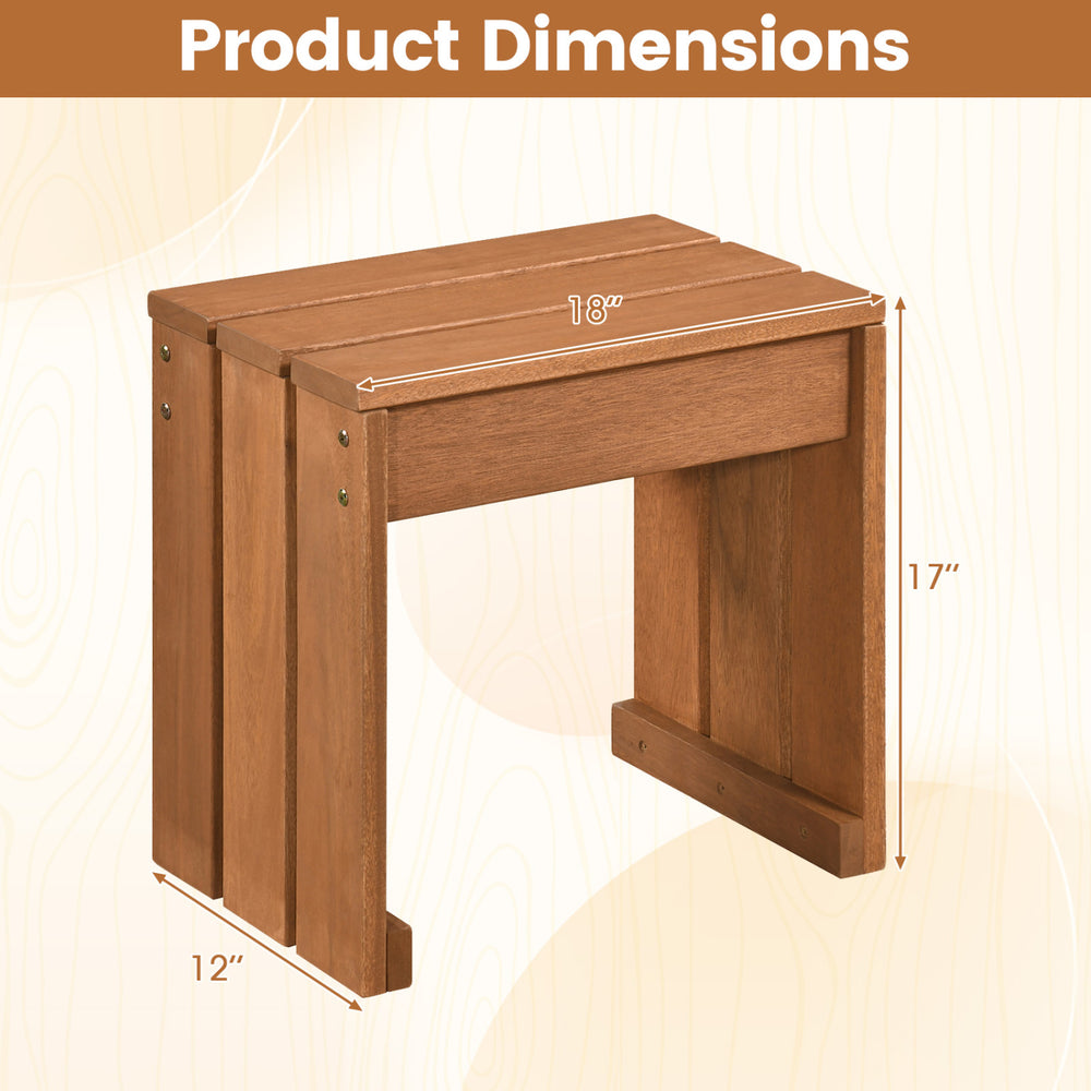 Compact outdoor garden bench dimensions, 18" wide and 17" high, featuring a sturdy wooden frame for versatile use.