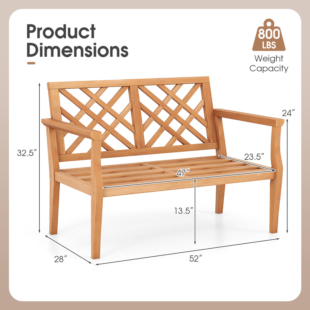 Teak wood outdoor garden bench for 2 with ergonomic backrest, 800 lbs capacity, ideal for patios and yards.
