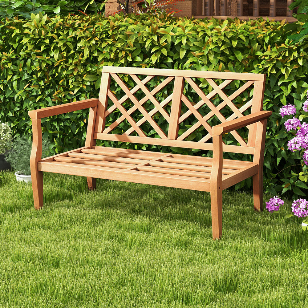 Teak wood outdoor garden bench for 2 with comfy armrests and backrest, ideal for patios and yards.