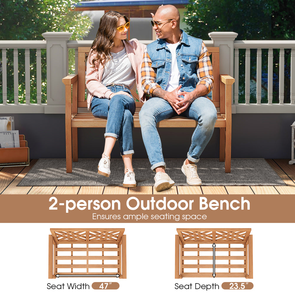 2-person outdoor bench made of Indonesian teak wood with comfy armrests and backrest, ideal for patios and yards.