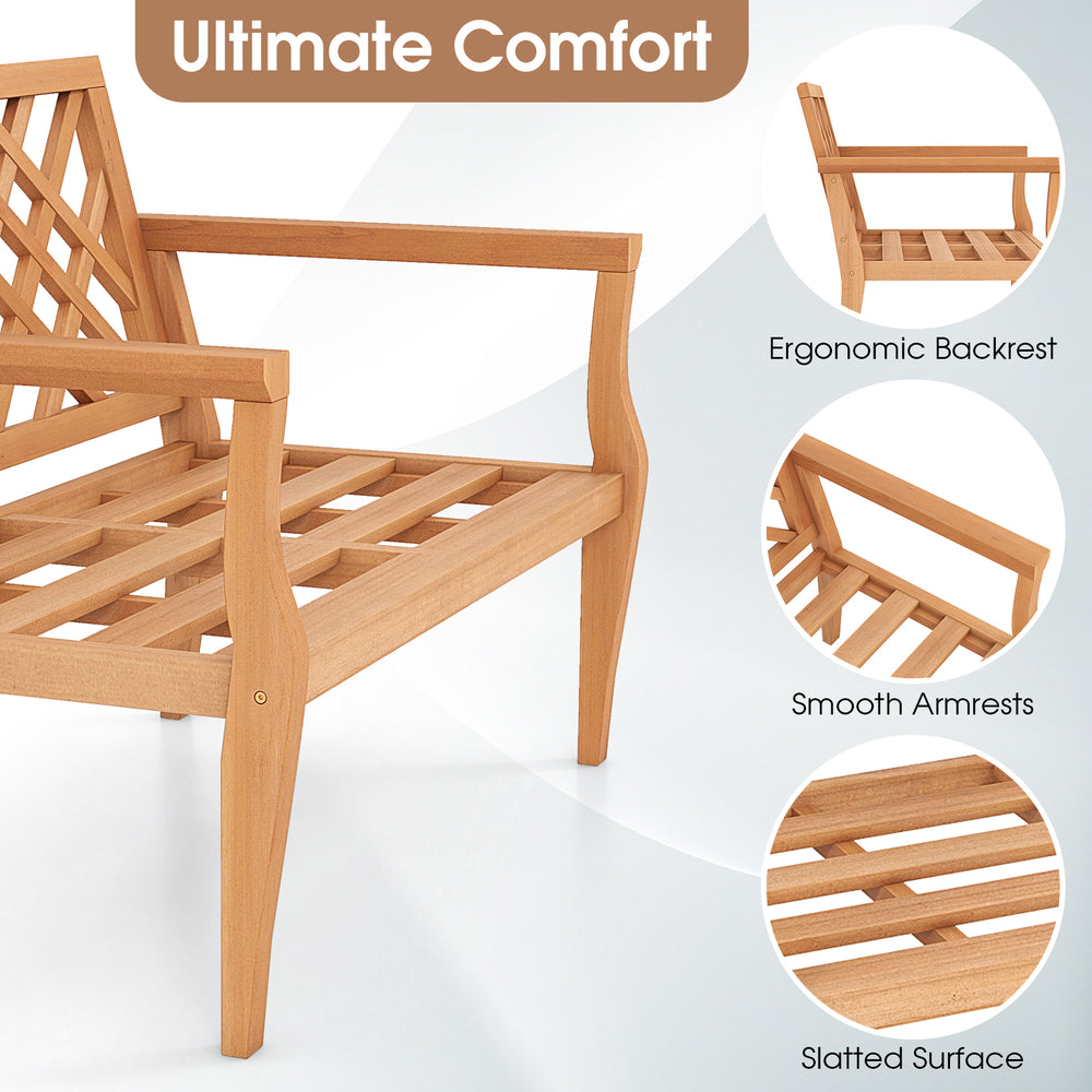 Teak wood outdoor garden bench with ergonomic backrest and smooth armrests, ideal for patios and yards.