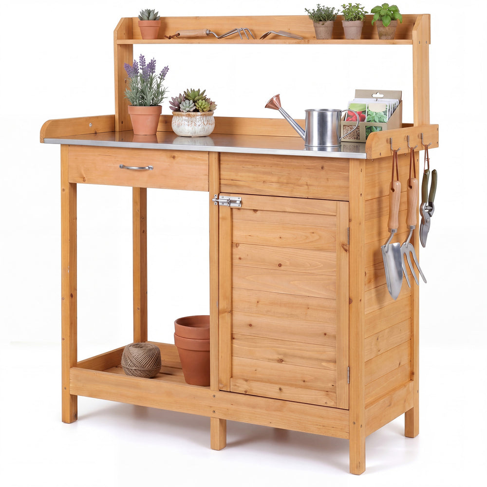 Outdoor garden wooden potting bench with solid wood construction, waterproof design, and large metal tabletop for gardening tasks.