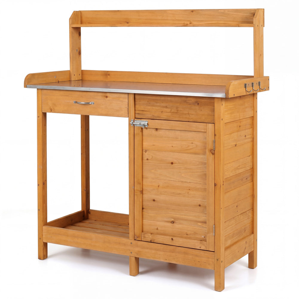 Outdoor garden wooden work station potting bench with a large metal tabletop, big drawer, and removable lower shelf.