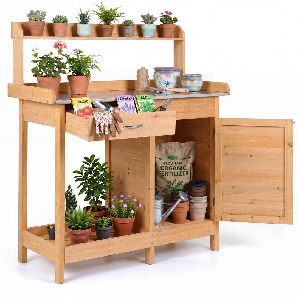 Outdoor garden wooden potting bench with solid wood construction, large metal tabletop, and ample storage space for gardening tasks.