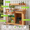 Outdoor garden wooden work station potting bench with a large metal tabletop, slide-out drawer, and lockable cabinet.