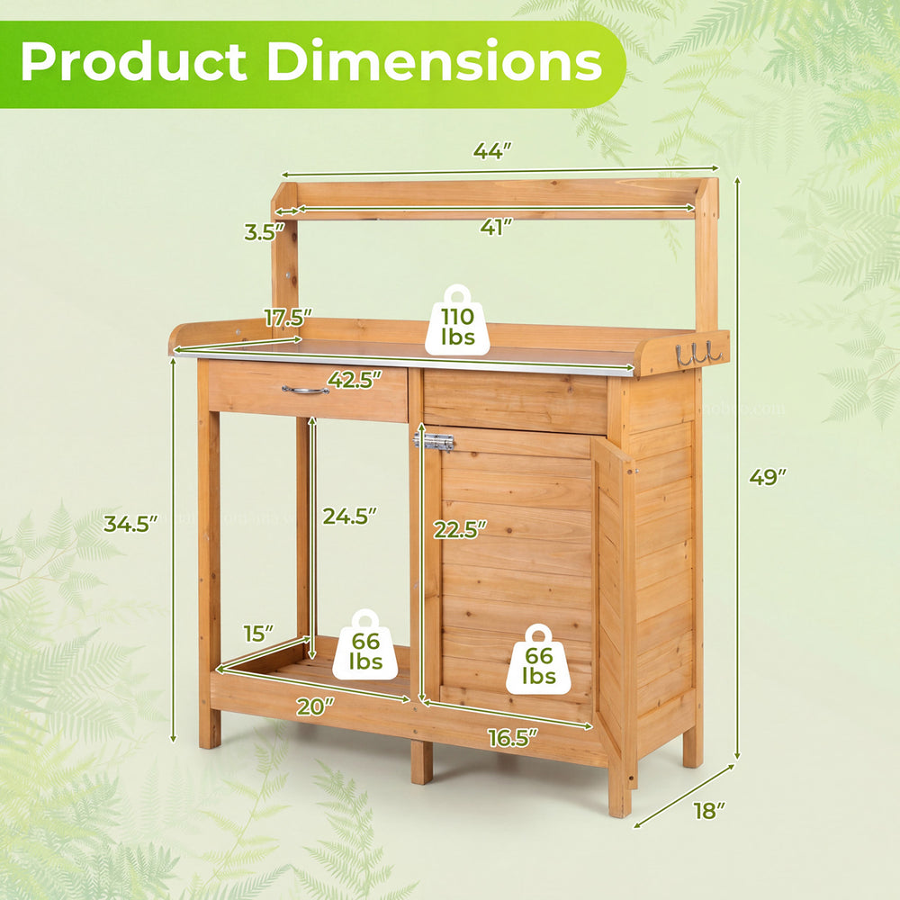 Outdoor garden wooden work station potting bench with solid wood, waterproof design, and spacious metal tabletop dimensions.