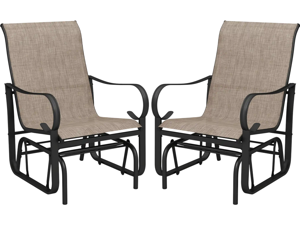 Set of 2 outdoor glider chairs with high backrest, breathable mesh fabric, and sturdy black metal frame for patio.
