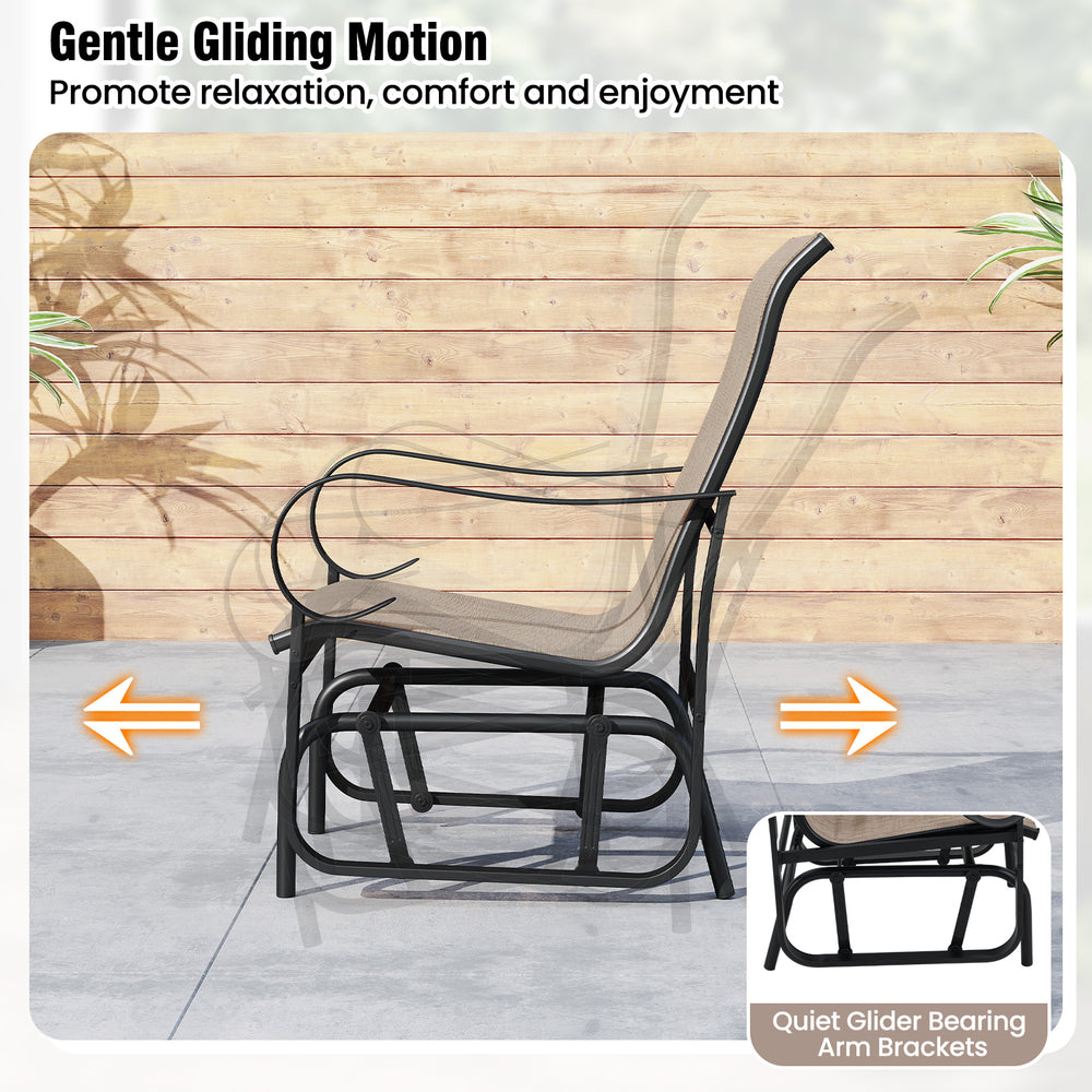 Side view of outdoor glider chair set with high backrest, breathable fabric, and sturdy metal frame for patio.