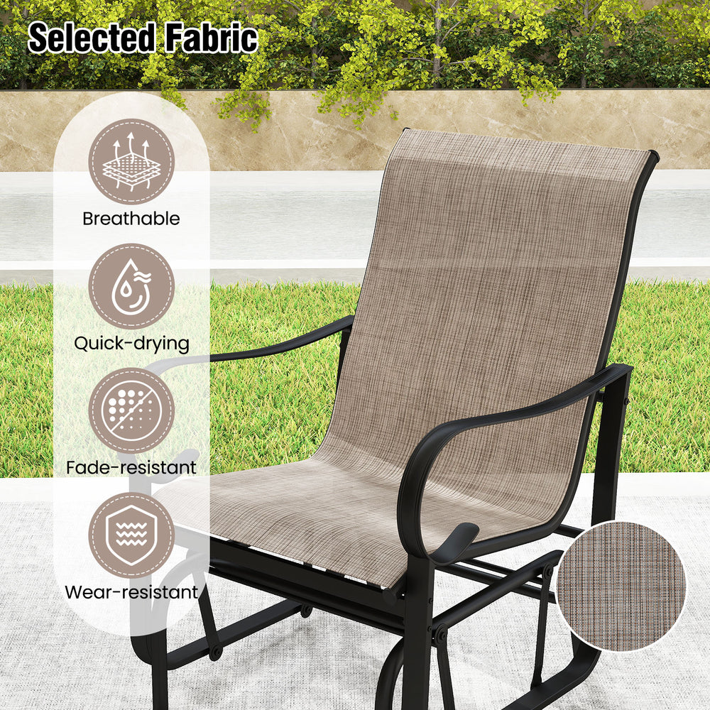 High backrest outdoor glider chair in breathable mesh fabric, featuring a durable metal frame for patio relaxation.