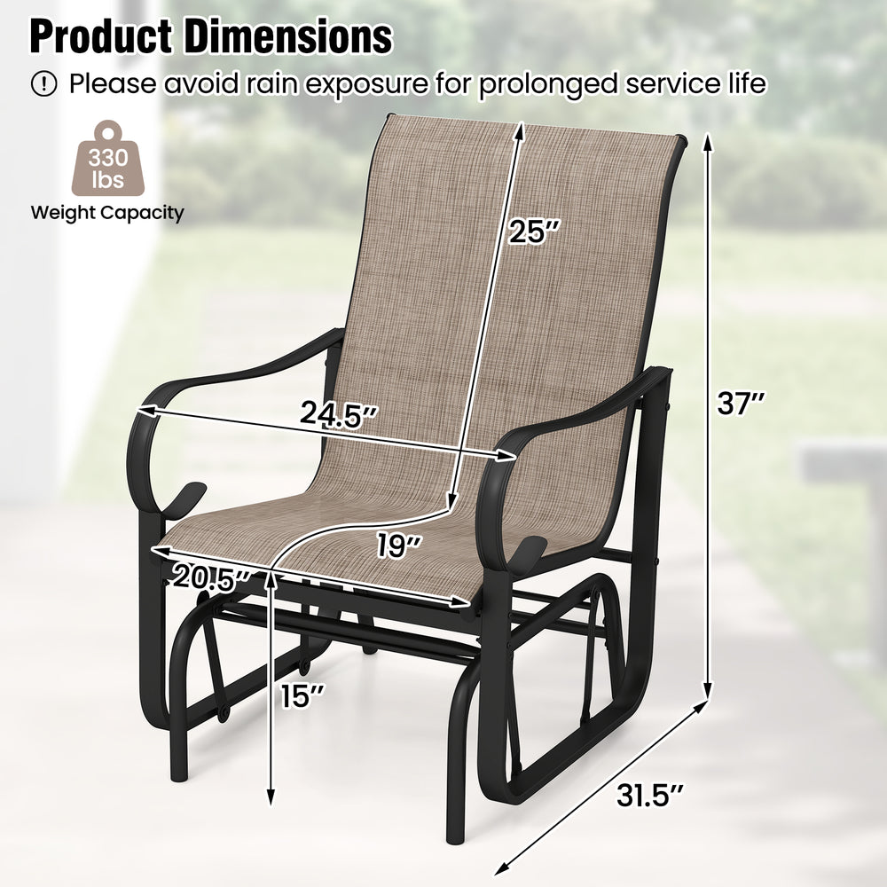 High backrest outdoor glider chair in black and brown with breathable mesh fabric, perfect for patio relaxation.