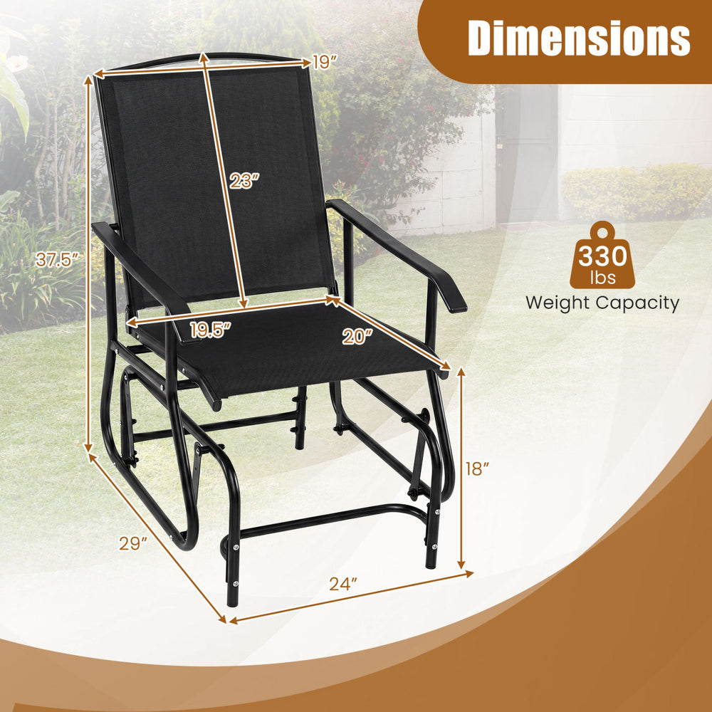 Dimensions of Tangkula Outdoor Glider Chair with metal frame, 330 lbs capacity, ideal for patio and backyard relaxation.