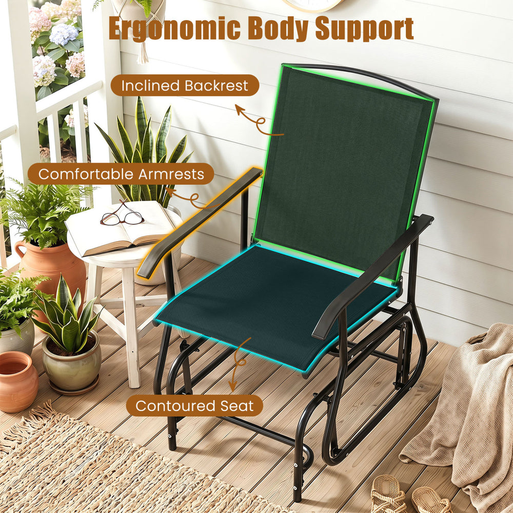 Outdoor glider chair with inclined backrest and armrests, featuring a metal frame for patio relaxation and stability.