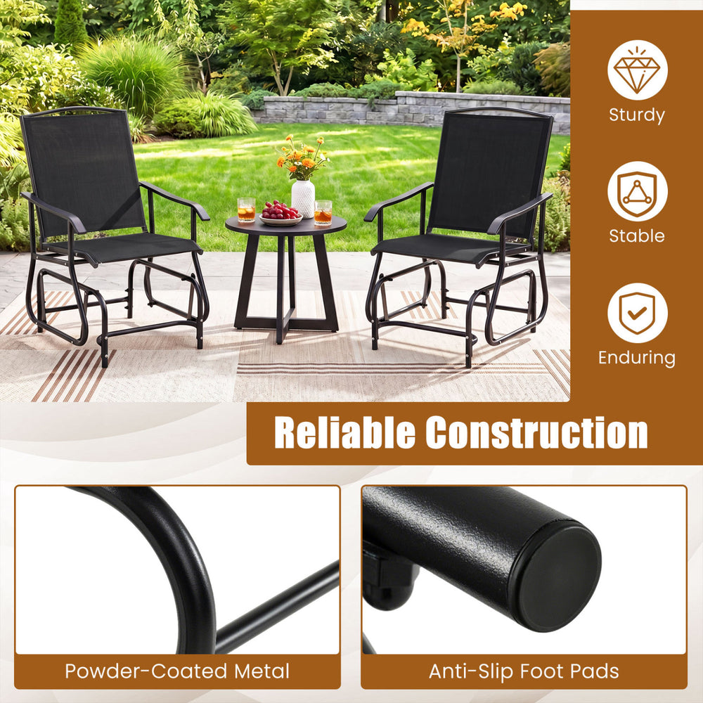 Two Tangkula outdoor glider chairs with powder-coated metal frames, perfect for relaxing on the patio or poolside.