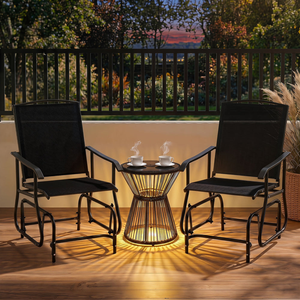 Black outdoor glider chair with metal frame and armrests, designed for comfortable patio relaxation and stability.