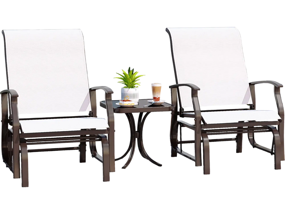 Set of 2 outdoor glider chairs with beige fabric, ergonomic backrest, and sturdy metal frame, perfect for patio.