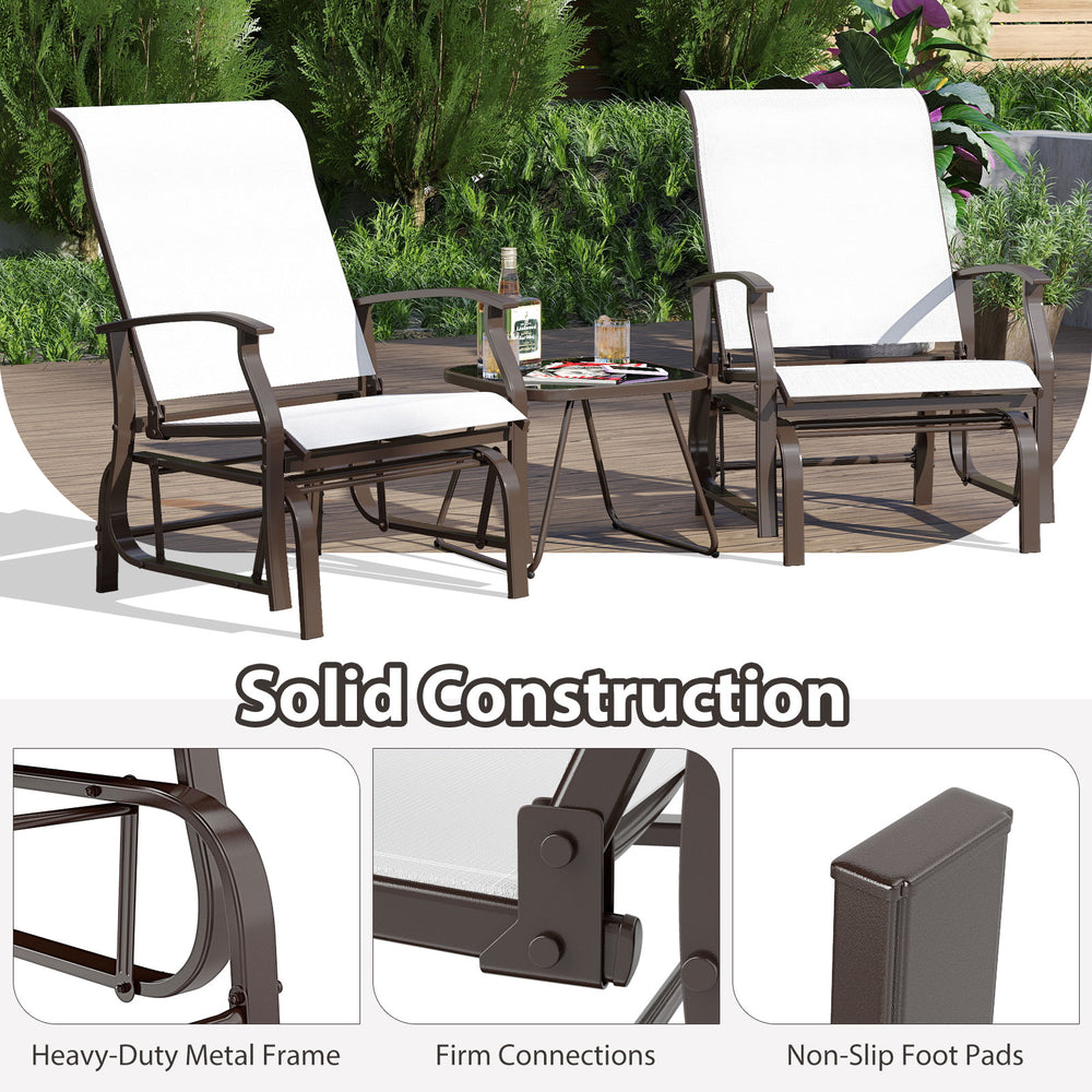 Set of 2 outdoor glider chairs with ergonomic backrest, beige fabric, sturdy metal frame, ideal for patio relaxation.