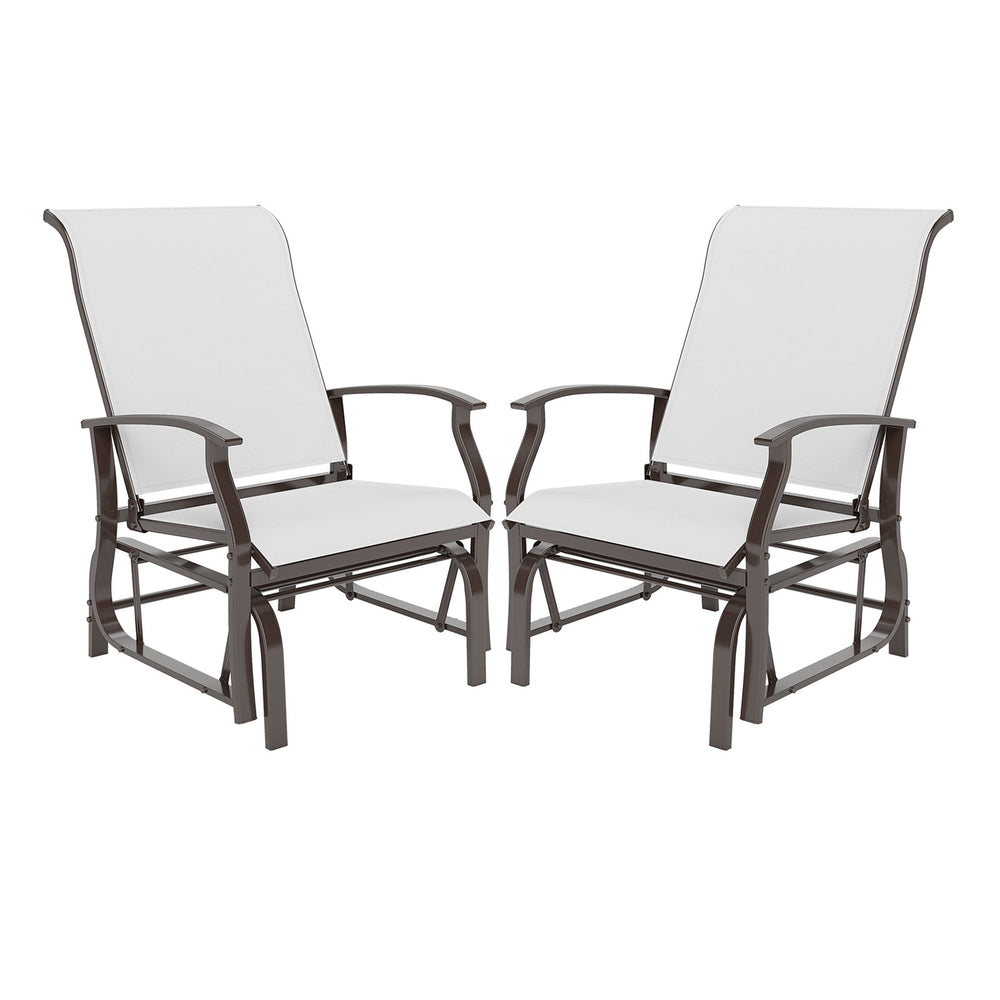 Set of 2 outdoor glider chairs with ergonomic backrest, beige fabric, and sturdy metal frame for patio relaxation.