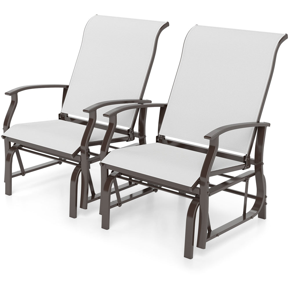 Set of 2 outdoor glider chairs with beige fabric, ergonomic backrest, and sturdy metal frame for patio relaxation.