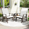 Set of 2 outdoor glider chairs with ergonomic beige fabric, sturdy metal frame, ideal for patio relaxation.