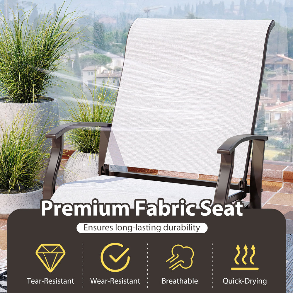 Outdoor glider chair with beige premium fabric seat, ergonomic backrest, perfect for patio relaxation.