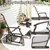 Outdoor glider chair with ergonomic backrest and beige seat, perfect for patio relaxation and comfort.