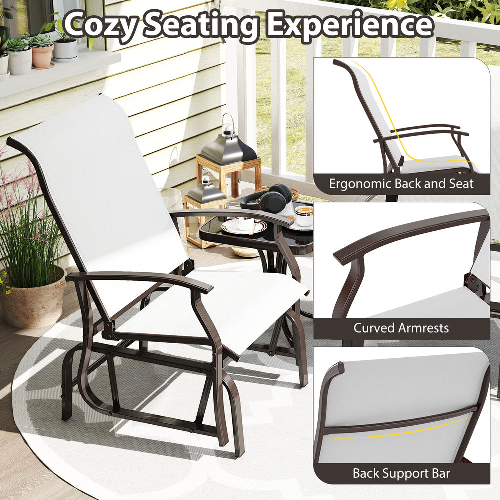 Outdoor glider chair with ergonomic backrest and beige seat, perfect for patio relaxation and comfort.