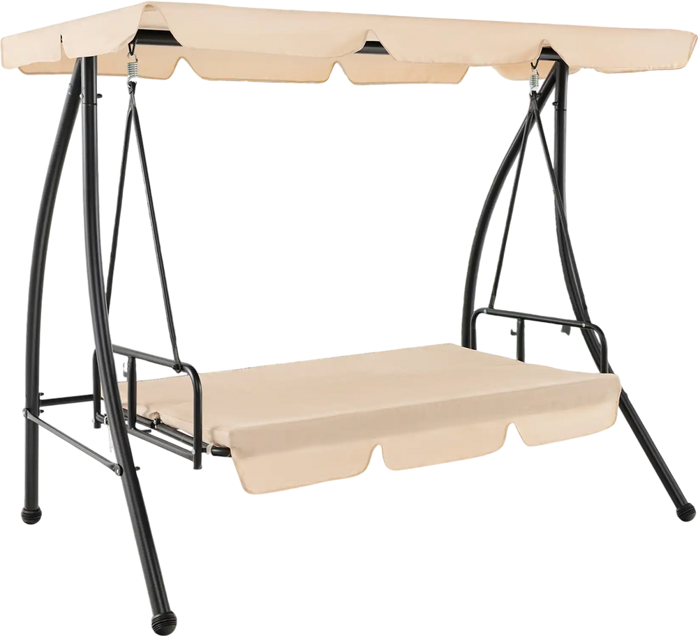 Convertible 2-seat outdoor swing chair in beige with adjustable canopy, perfect for garden or backyard relaxation.